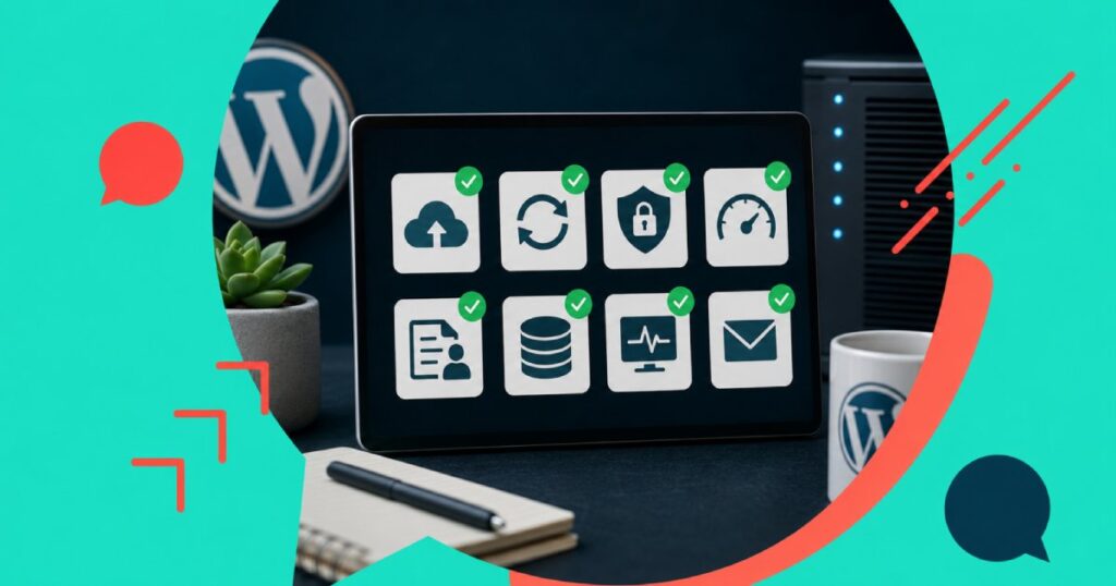 Checklist de manutenção preventiva para WordPress com ícones de backup, atualizações, segurança e monitoramento de desempenho