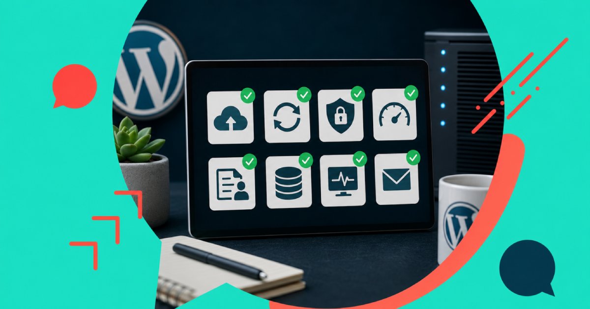 Checklist de manutenção preventiva para WordPress com ícones de backup, atualizações, segurança e monitoramento de desempenho