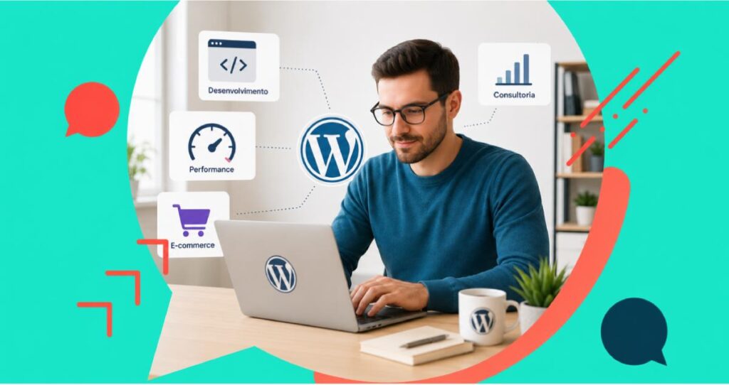 Especialista WordPress realizando desenvolvimento, otimização de performance, consultoria técnica e gerenciamento de projetos WooCommerce