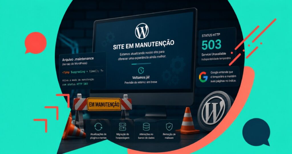 Tela ilustrativa de um site WordPress em modo de manutenção, destacando o status HTTP 503 e a atualização temporária do site