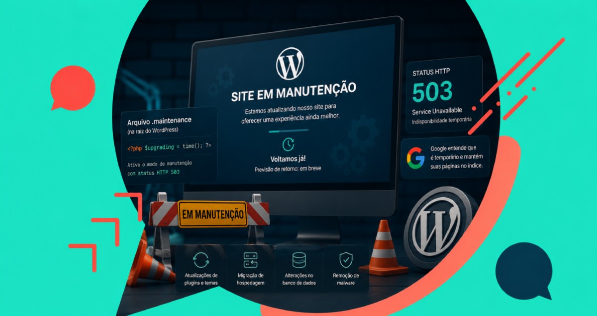 Tela ilustrativa de um site WordPress em modo de manutenção, destacando o status HTTP 503 e a atualização temporária do site