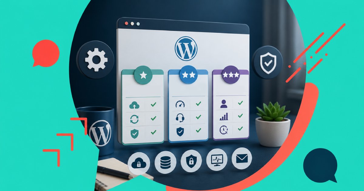 Comparativo de planos de manutenção WordPress com ícones de backup, segurança, performance e suporte técnico