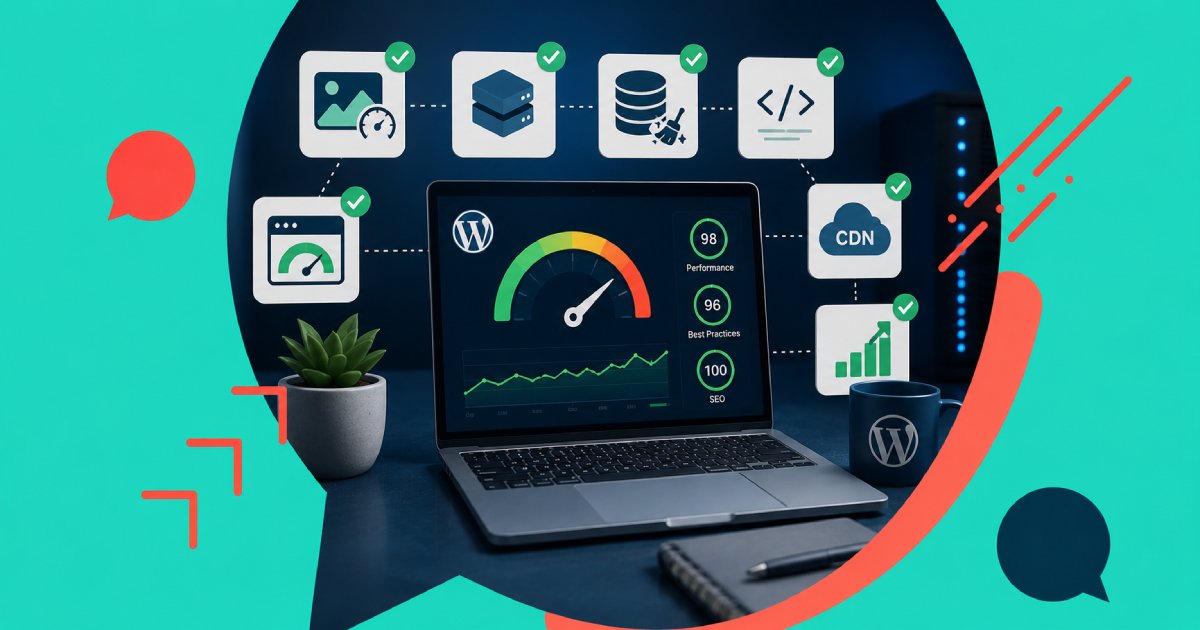 Ilustração de otimização de performance para WordPress com indicadores de velocidade, cache, CDN, banco de dados e monitoramento.